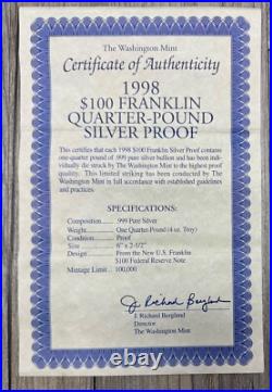 1998 $100 Quarter Pound. 999 Silver Proof Bar in Display Box with COA