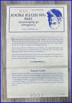 1998 $100 Quarter Pound. 999 Silver Proof Bar in Display Box with COA