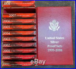 1999 2008 SILVER PROOF SETS COMPLETE WITH C. O. A.'S and STORAGE BOX