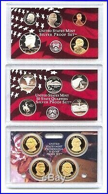 1999 2008 Silver Proof Set Lot United States Mint OGP Box & COA