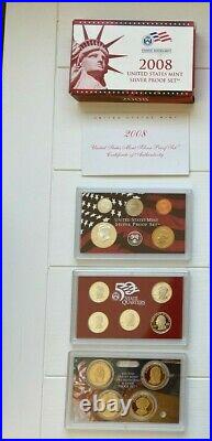 1999 2008 Silver Proof Sets, US Mint Box & COAs