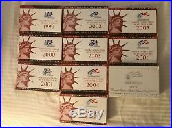 1999 2008 US MINT SILVER PROOF SETS (10-Set Lot) in Original Boxes with COA