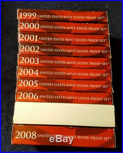 1999 2008 US MINT SILVER PROOF SETS with BOXES and COA'S TOTAL 10 SETS