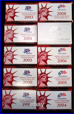 1999-2008 United States Mint Silver Proof Sets (10 Total Sets) in the box