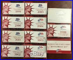 1999 2009 SILVER PROOF SETS DCAM COINS ALL BOXES & COA's