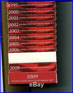 1999 2009 S United States Silver Full Proof Set Lot Of 11 With Boxes