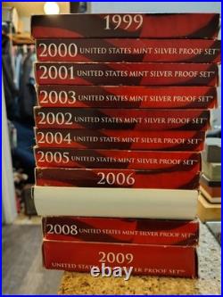 1999-2009 US Mint Silver S Proof Sets with State Quarters US Mint Box & COA