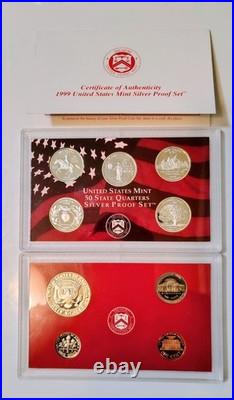 1999-2009 US Mint Silver S Proof Sets with State Quarters US Mint Box & COA