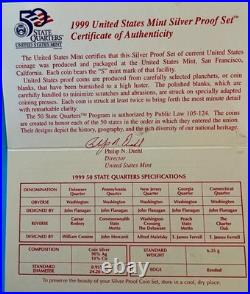 1999 S Complete U S Mint Silver Proof Set With Box And Coa 1.32 Oz. Of Silver