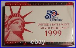 1999-S US Mint SILVER Proof Set With Original Box & COA 9 Coins Box Distressed