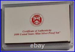 1999-S US Mint SILVER Proof Set With Original Box & COA 9 Coins Box Slightly Distr