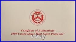 1999-S US Mint Silver Proof Set OGP COA & Box 9 Coins 90% United States