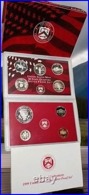 1999-S United States Mint Silver Proof 9 Coin Set with COA & Original Box(Nice)