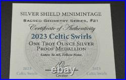 1 oz Silver Proof Celtic Swirls Silver Shield. 999 Pure COA BOX 2023 Geometry