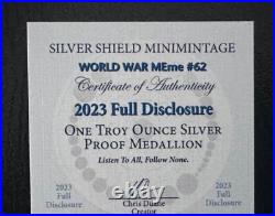 1 oz Silver Proof Full Disclosure Silver Shield. 999 Pure COA BOX Aliens 2023