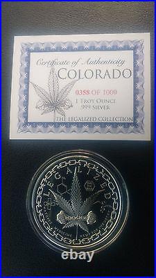 1 oz silver Proof Legalized! Cannabis Colorado! Wood Box! MicroMintage 1000! COA 1 oz silver Proof Legalized! Cannabis Colorado! Wood Box! MicroMintage 1000! COA