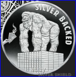 1 oz silver proof Silver Backed. 999 Pure COA BOX SSG wall st bets Gorilla Zoo