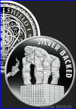 1 oz silver proof Silver Backed. 999 Pure COA BOX SSG wall st bets Gorilla Zoo