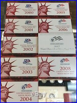 2000-2008 Lot of 9 US Mint SILVER Proof sets Complete with BOX & COA