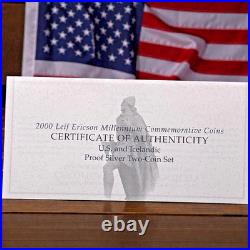 2000 US Mint/Icelandic Leif Ericson Proof 90% Silver 2-Coin Set w BOX & COA