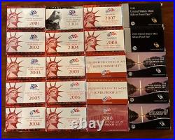 2001-2014 US Mint Silver Proof Set Lot (20 Items) with Box & COA 90% Silver