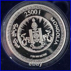 2001 Mongolia 5 oz Silver Proof 2500 Tugrik Year of Snake + Box & COA