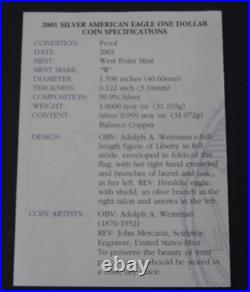 2001-W Proof American Silver Eagle Dollar $1 Box & COA US Mint Bullion OGP