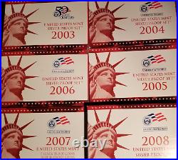 2003 S 2008 S United States Mint SILVER Proof Set / Box & COA 6 Proof Sets