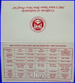 2003 US Mint SILVER PROOF SET with Box and COA (Set of 10 Coins)