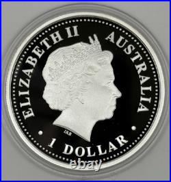 2004 $1 Australia 1 Oz Silver Proof Kookaburra Coin. ORIGINAL BOX COIN & COA