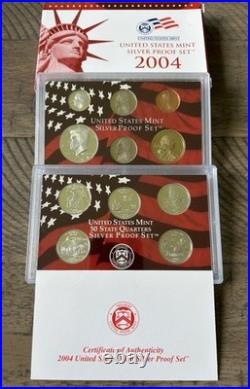 2004-S US Mint Silver Proof Set 11 Coins OGP Red Box COA 90% State Quarters