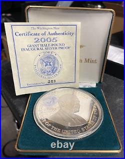 2005 George W. Bush Half Pound. 999 Silver Inaugural Silver Proof Box/coa