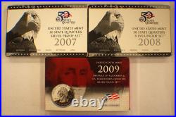 2007 & 2008 & 2009-S Mint Silver State Quarters Proof Sets in Box Free Shipping