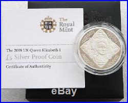 2008 Royal Mint Elizabeth I 450th Anniv £5 Five Pound Silver Proof Coin Box Coa