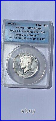 2008-S Anacs PR70 DCAM 2008 14-Coin Silver Proof Set First Day Of Issue Wood Box
