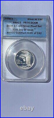 2008-S Anacs PR70 DCAM 2008 14-Coin Silver Proof Set First Day Of Issue Wood Box