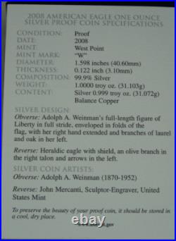 2008-W Proof American Silver Eagle Dollar $1 Box & COA US Mint Bullion OGP