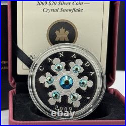 2009 Canada $20 Crystal Snowflake 1oz. 9999 Silver Proof Coin Swarovski Box COA