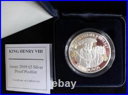 2009 SILVER PROOF JERSEY £5 PIEDFORT COIN BOX + COA HENRY V111 500th 1/450
