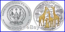 2010 Rwanda GIRAFFE 3 Oz 1000 Francs 4 Diamonds Silver Proof Coin /with Box
