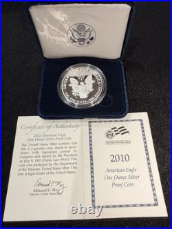 2010-W American Eagle Silver Proof Dollar in original Mint box with COA