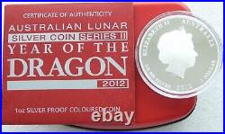 2012 Australia Lunar Dragon Colorized Proof Silver 1 OZ Box & COA Red & Black