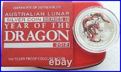 2012 Australia Lunar Dragon Colorized Proof Silver 1 OZ Box & COA Red & Black