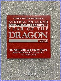 2012 Australia Lunar Dragon Colorized Proof Silver 1 OZ Box/COA Yellow Melbourne