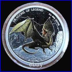 2012 Tuvalu $1 Dragons of Legend 1 oz 5-Coin Colorized Silver Proof Set withBox
