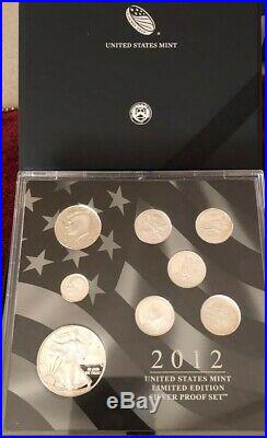2012 US Mint Limited Edition Silver Proof Set 8 Silver Coins in Box with COA