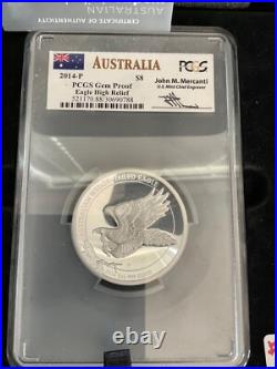 2014 Australian 8$ PCGS Silver High Relief Signed John Mercanti GEM PROOF Box 13