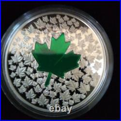 2014 Canada 1 Oz Silver Proof $20 Silver Maple Leaf Impression Green W Box & Coa