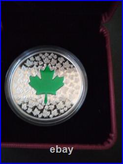2014 Canada 1 Oz Silver Proof $20 Silver Maple Leaf Impression Green W Box & Coa