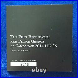 2014 The First Birthday of Prince George 5 Pound Silver Proof Coin, Box, COA
